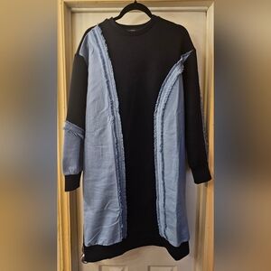 Women's Navy Blue and Light Blue Denim Long Sleeve Panel Dress
